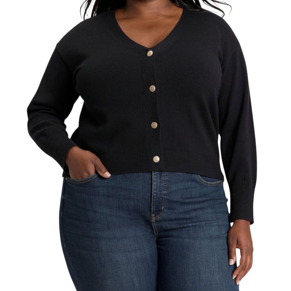 Ava & Viv Women's Plus 1X Gold Button Front Cardigan Sweater Black NWT